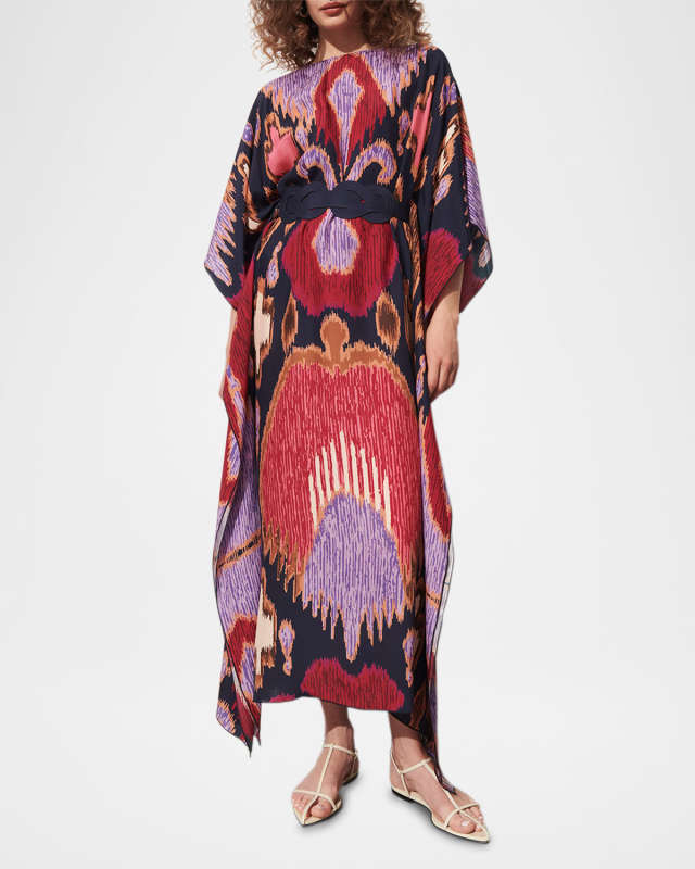 Elizabeth Ikat-Print Belted Maxi Kaftan Dress